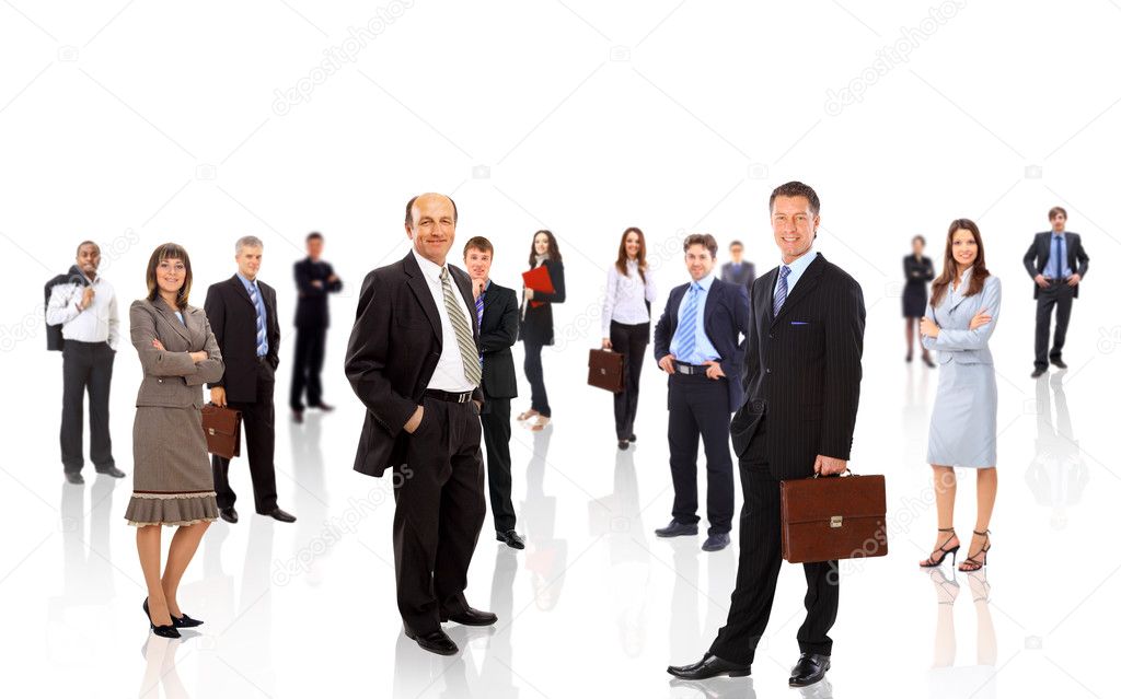 Business team formed of young businessmen standing over a white background
