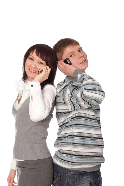 Couple of businesspeople talk cell phone — Stock Photo, Image