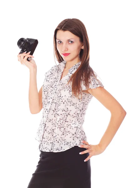 Женщина с изолированной ретро камерой — стоковое фото
