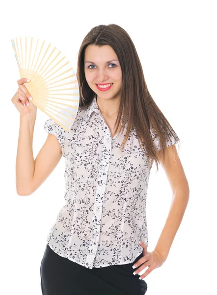 Красивая женщина с японским вентилятором изолированы — стоковое фото