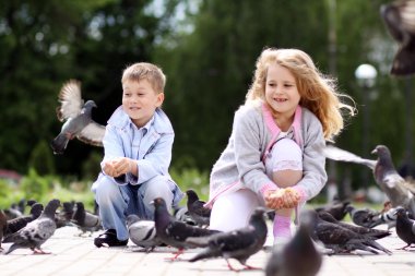 güvercinler ile oynayan çocuklar