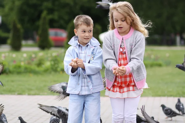 Bambini che giocano con le colombe — Foto Stock
