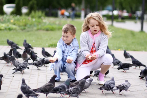 stock image Children playing with doves