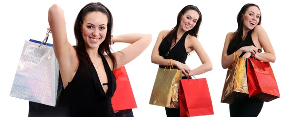 Πορτρέτο του μια ευτυχισμένη νέα κοπέλα ενηλίκων με ανοιχτόχρωμα σακούλες — Φωτογραφία Αρχείου