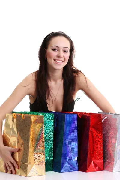 Portrét jedné šťastné mladé dospělé dívky s barevné tašky — Stock fotografie