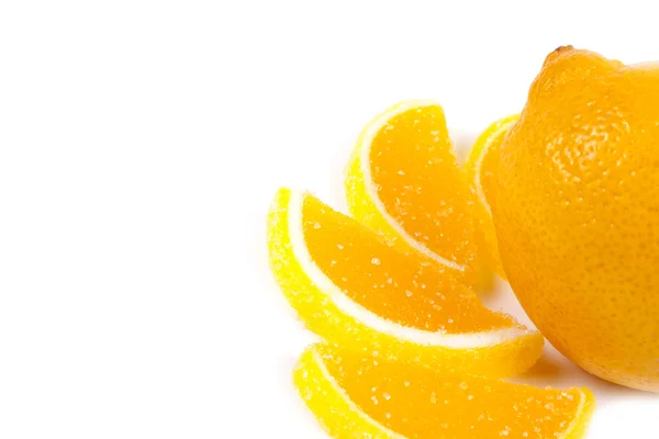 Gyümölcsök gyümölcskocsonyát, és friss citrusfélék — Stock Fotó