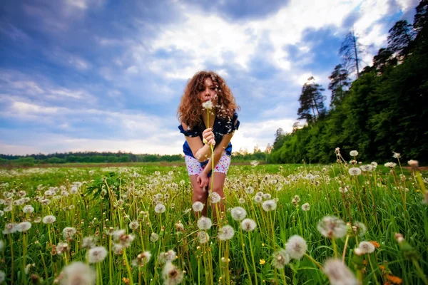 Dziewczyna dmuchanie dandelion — Zdjęcie stockowe