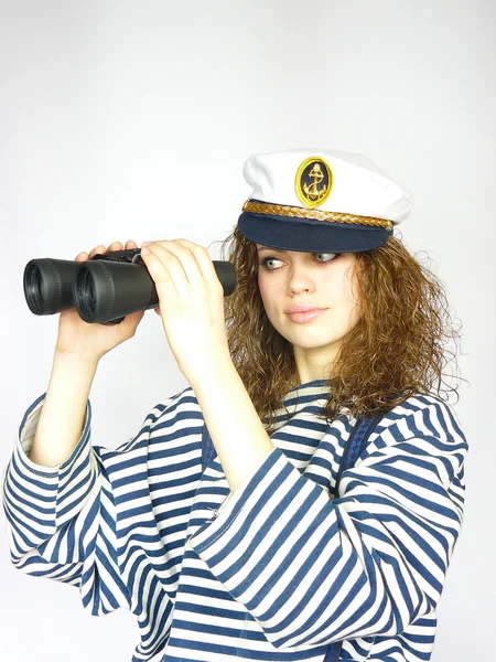 stock image Young sailor girl with binoculars