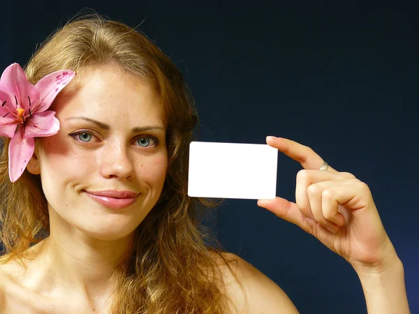 Girl with a business card — Stock Photo, Image