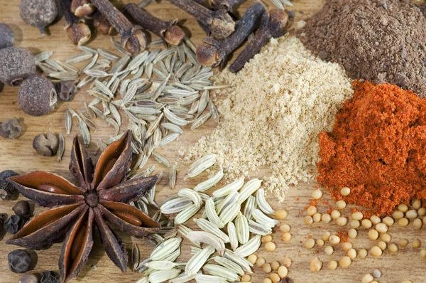 Spice: peppar anisetree kummin fänkål kryddnejlika — Stockfoto
