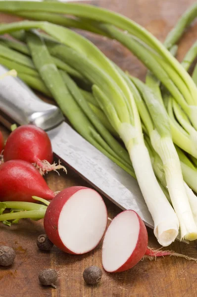 Fresh radishes and onion — Stock Photo, Image