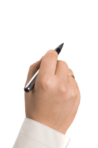 笔放在隔离的手 — 图库照片