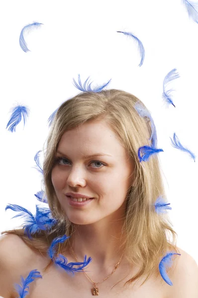 Female and flying feather — Stock Photo, Image
