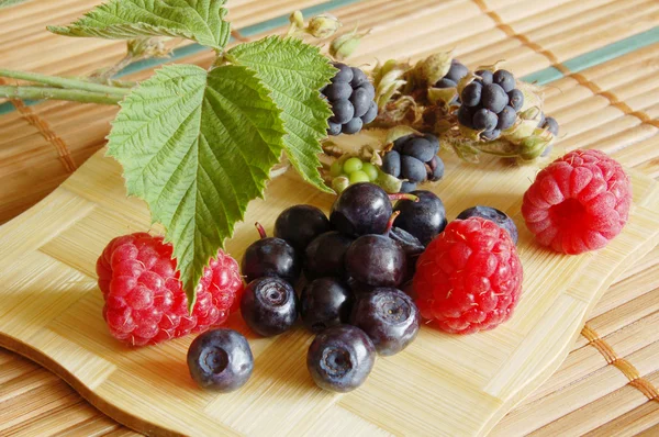 Bilberries and raspberries, summer fruits — Stock Photo, Image