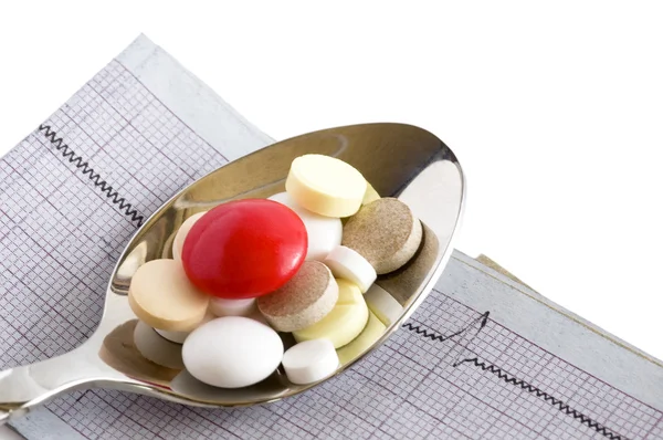 Tablett i sked och elektrokardiogram — Stockfoto