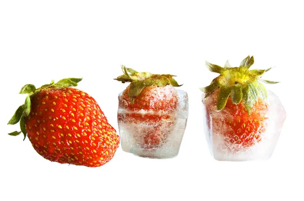 Lose-up of two frozen strawberries on white — Stock Photo, Image