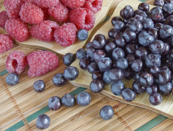 Bagas de mirtilo e framboesas, frutas de verão — Fotografia de Stock