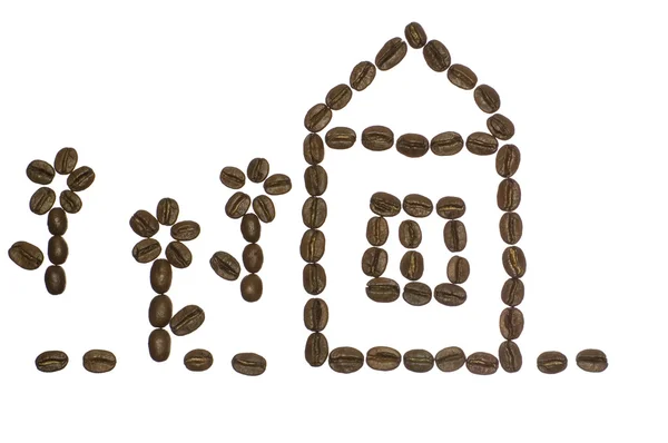 创意咖啡豆静物: 房子和花 — 图库照片