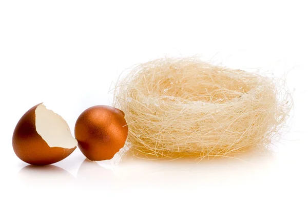 Casca de ovo dourado perto do ninho — Fotografia de Stock