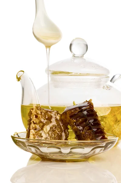 Medový hřeben a čaj s lískovým květem — Stock fotografie