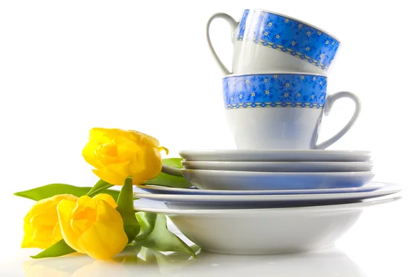 Посуда и тюльпаны — стоковое фото