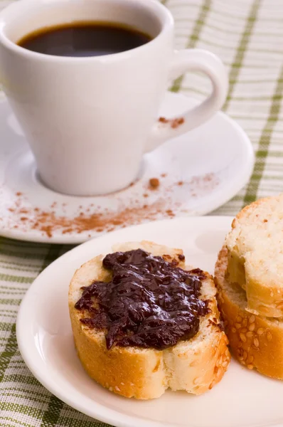 Bread with chocolate and coffee — Stock Photo, Image