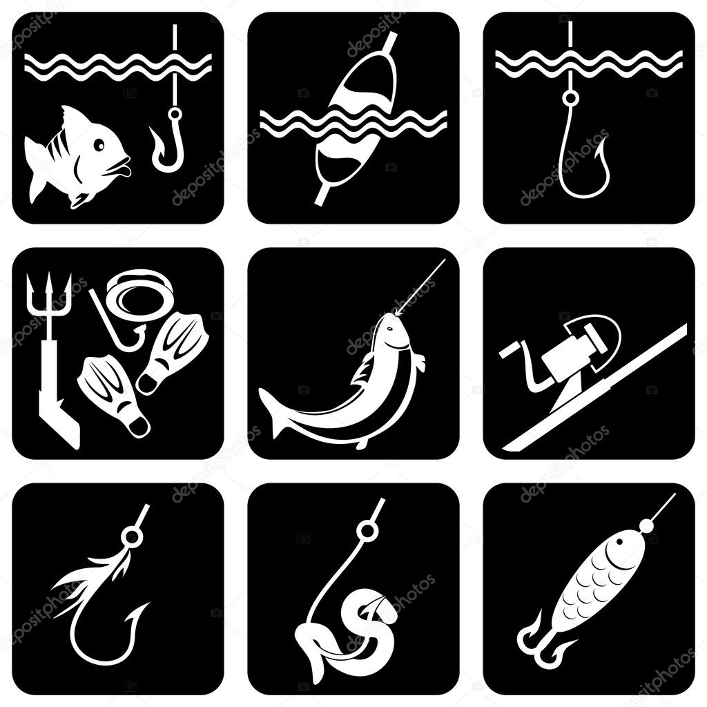 Set of vector silhouette icons of fishing