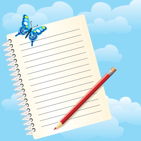 Cuaderno y mariposa — Vector de stock