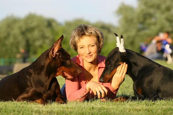 Kobieta leży między dwa psy — Zdjęcie stockowe