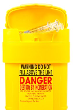 Container and two used syringes clipart