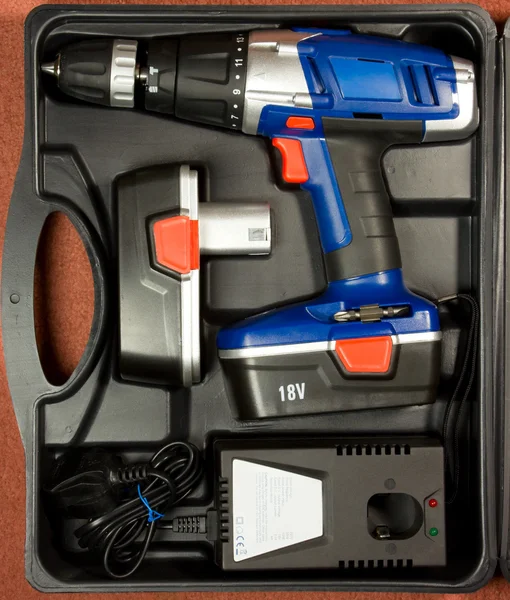 Cordless hammer drill kit in black case — Stock Photo, Image