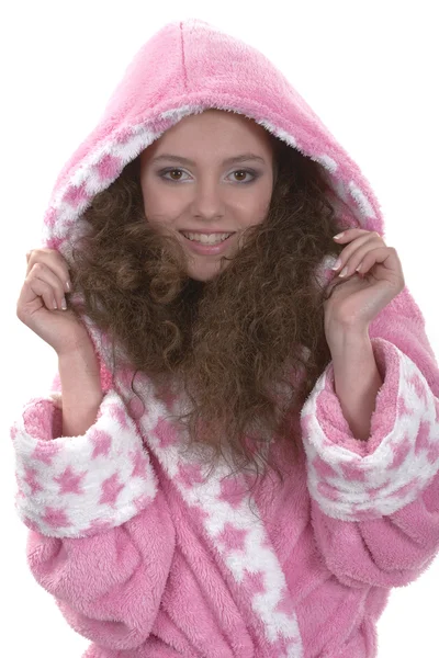 Adolescente en una bata rosa — Foto de Stock