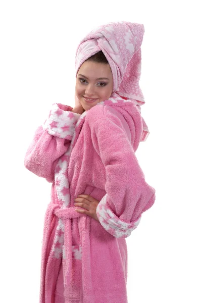 Teenager in a pink dressing gown — Stock Photo, Image