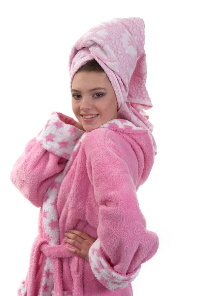 Tiener in een roze badjas — Stockfoto