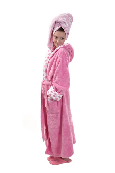 Teenager in a pink dressing gown — Stock Photo, Image