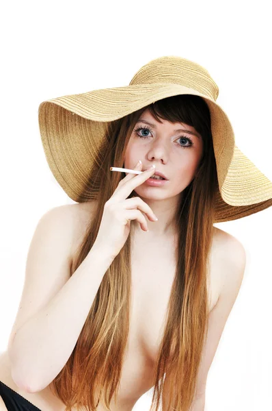 Smoking naked girl — Stockfoto