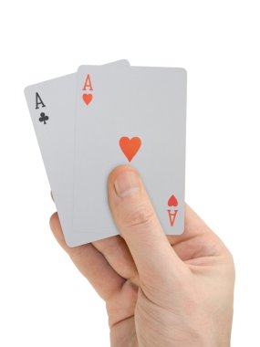 Hand with playing cards (two Aces), isolated on white clipart