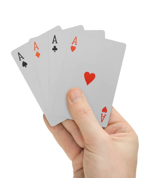Hand with playing cards (four Aces) — Stock Photo, Image