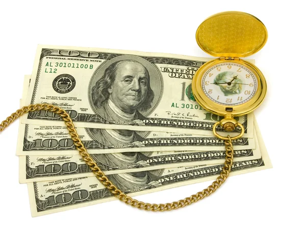 Goldene Uhr auf Geldhintergrund — Stockfoto
