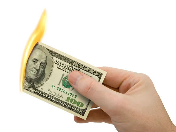 Dinero en llamas en la mano — Foto de Stock