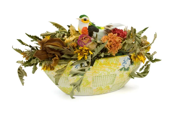 Flores secas y aves en jarrón — Foto de Stock