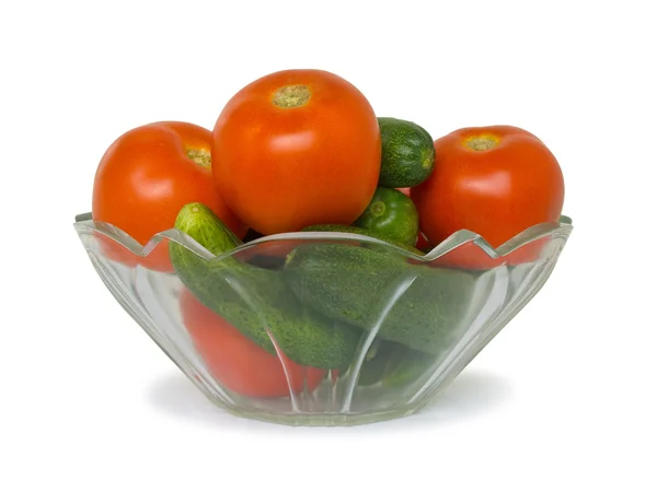 Cucumbers and tomato in bowl — Stock Photo, Image