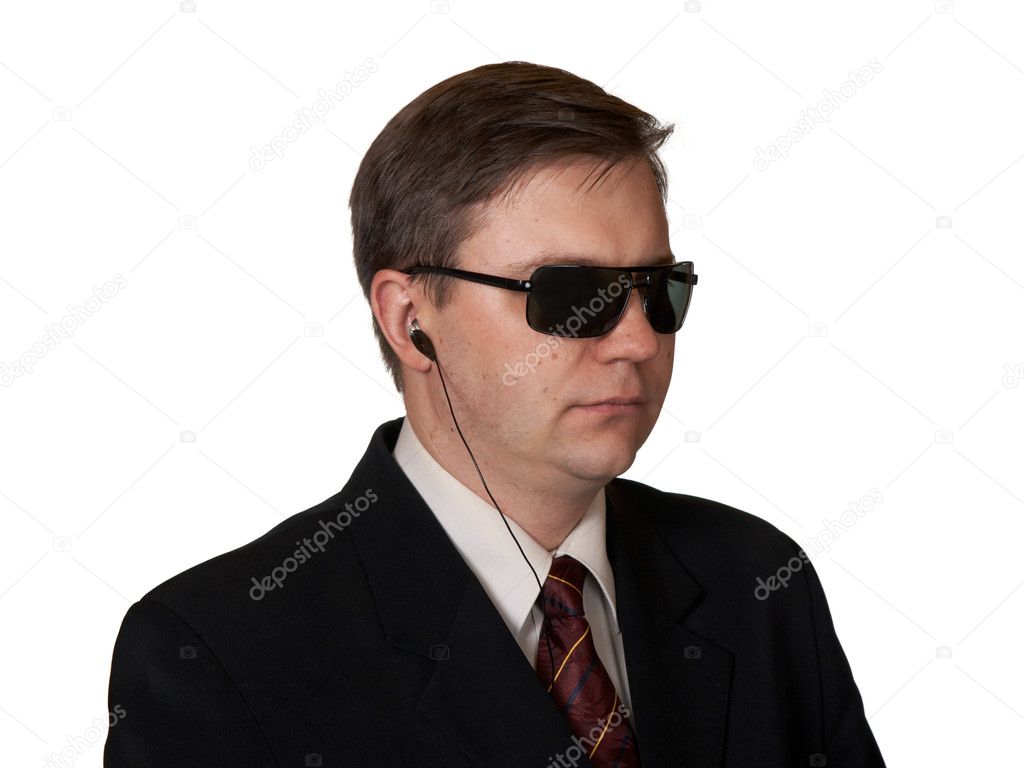 Body guard portrait in black dress, background is white Stock