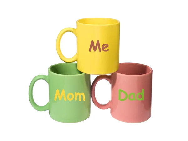 Three colorful mugs - Mom, Dad, Me (family) — Stock Photo, Image