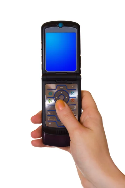 Flip mobile phone in hand — Stock Photo, Image