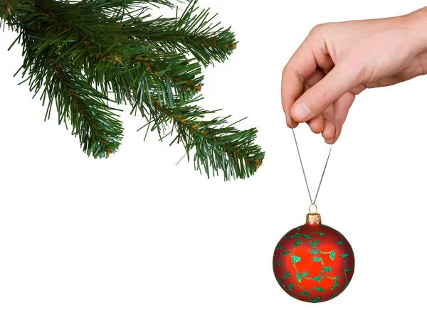Χριστούγεννα δέντρο, χέρι και μπάλα — Φωτογραφία Αρχείου