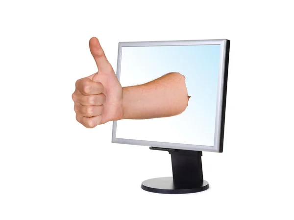 手 (拇指) 和计算机屏幕 — 图库照片