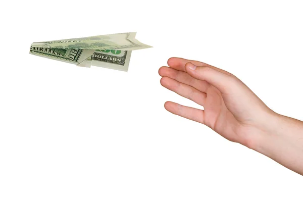 Kéz- és repülő pénzt sík — Stock Fotó