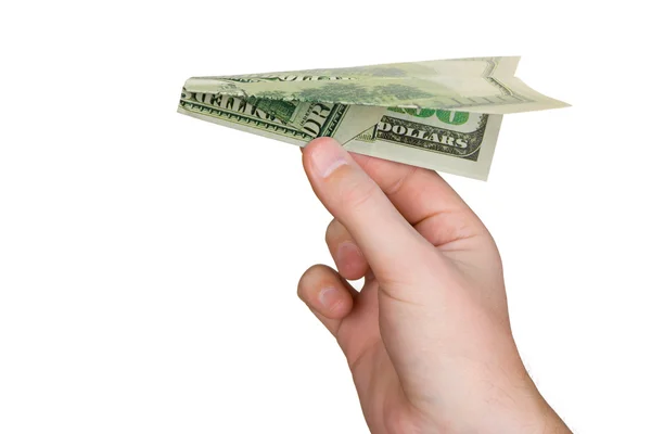 Hand and money plane — Stock Photo, Image