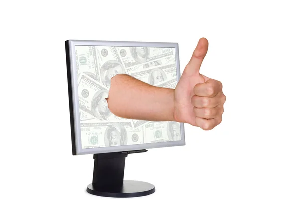 stock image Hand (thumb) and computer screen